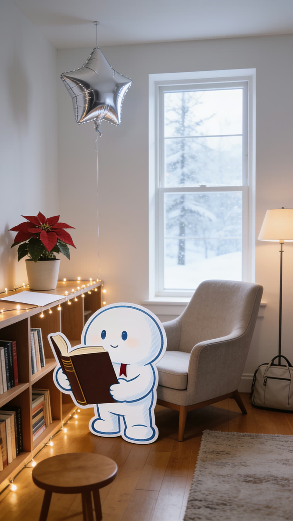 A round white cutout mascot stands beside a comfortably worn armchair in a bright winter living room, holding a thick closed Bible to its chest, with a poinsettia and string lights on the shelf behind it and a foil star balloon riding the ceiling.