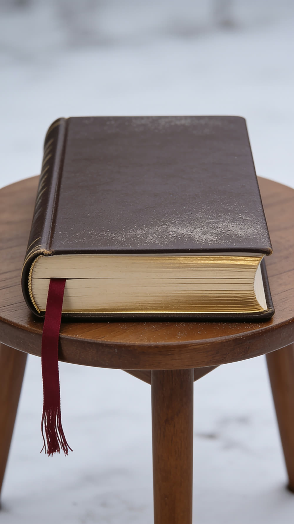 A thick hardback Bible lying closed on a small wooden table, its gold edged pages holding one red ribbon marker only a few pages behind the front cover, the rest of the block still unread.