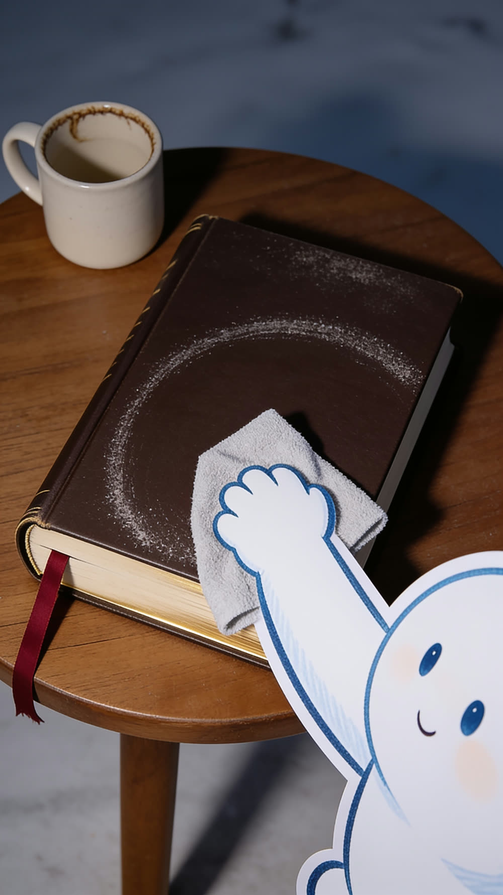 A cutout mascot's arm wipes a gray cloth in a curved pass around a closed Bible on a side table, the tabletop clean where the cloth has passed while a fine film of dust still sits undisturbed on the book itself.