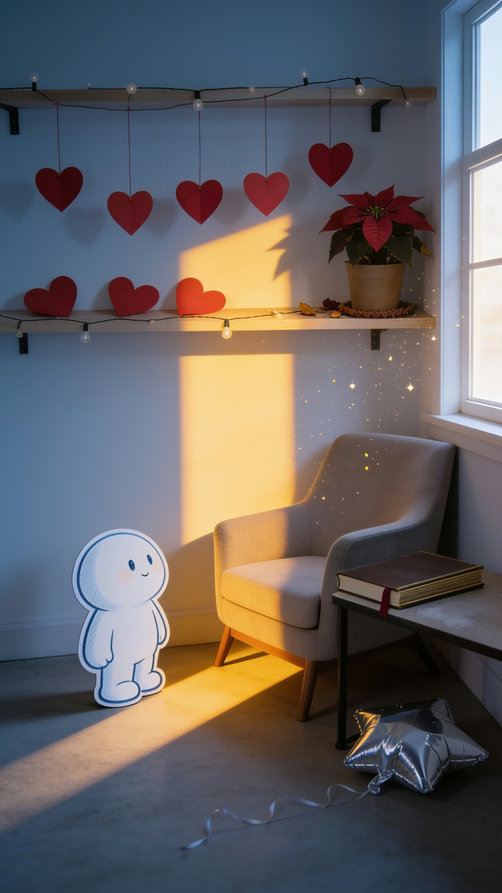 A cutout mascot stands small inside a single warm band of morning light crossing an untidied living room, dust drifting bright in the beam, the reading chair and side table still exactly as they were left the night before.