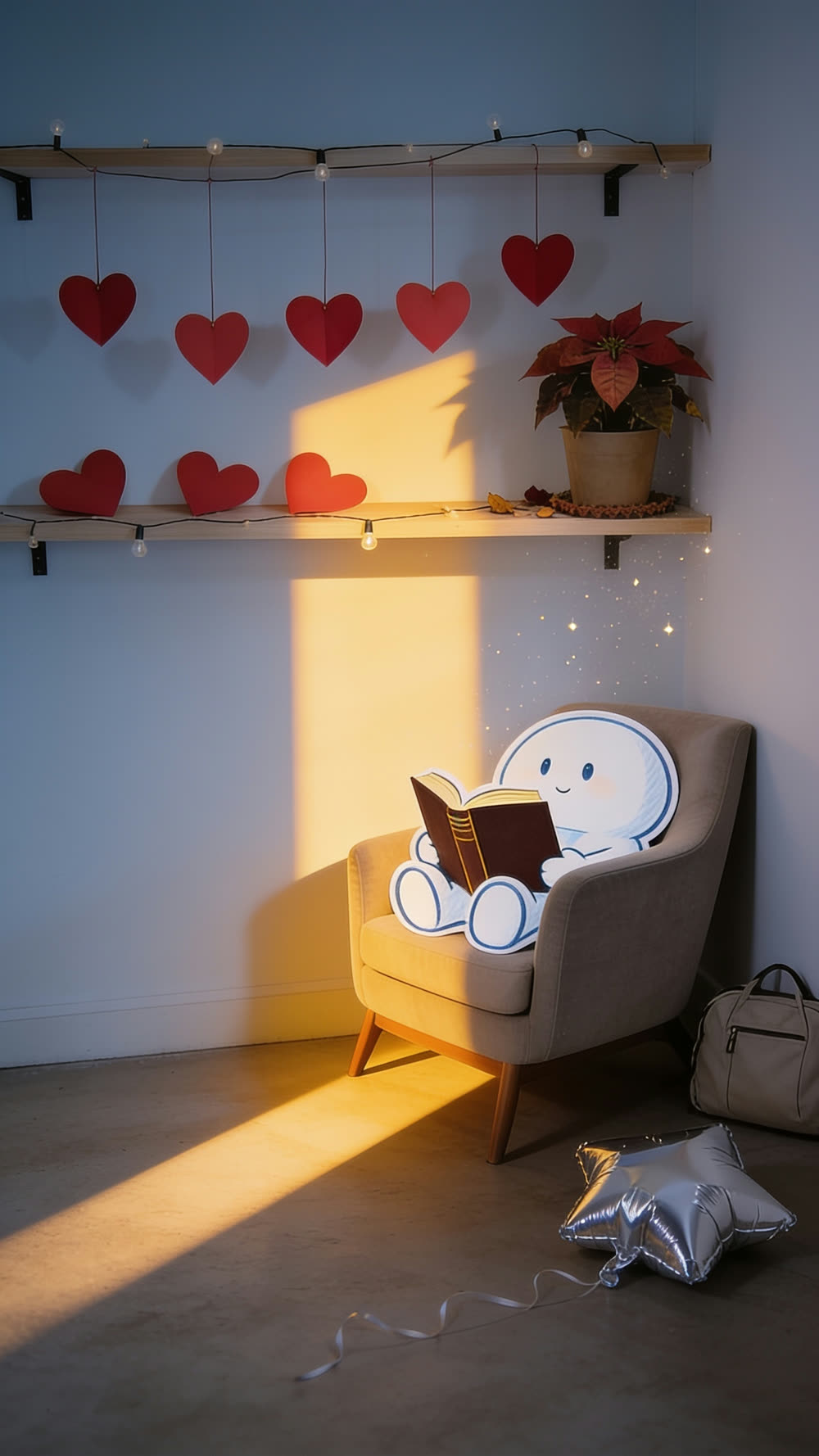 A wide view of the living room in warm morning light: the mascot sits reading in the armchair while the deflated balloon still lies on the floor and the browning poinsettia and paper hearts remain untouched around it.