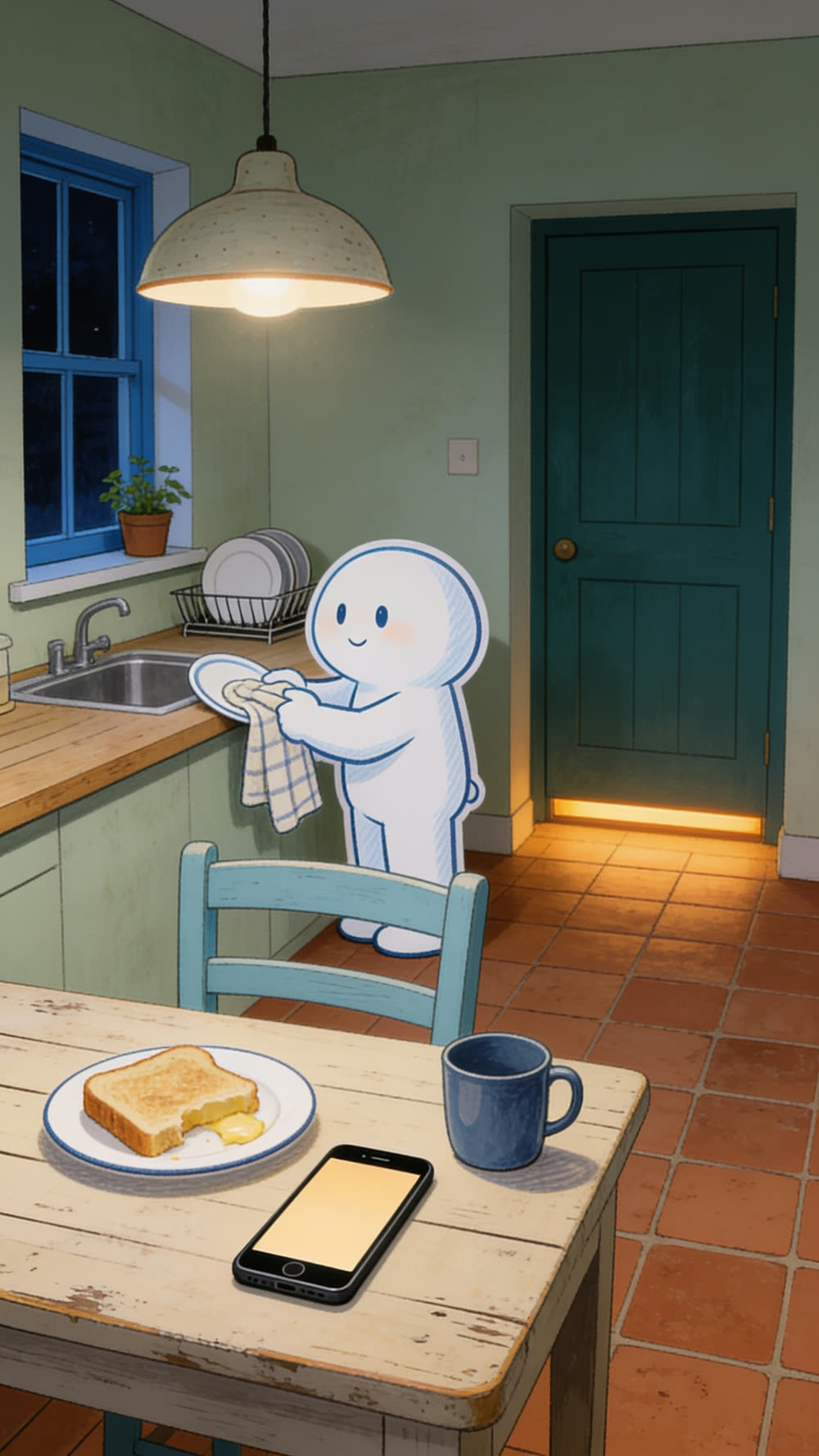 Pundayschool's round white mascot dries a plate at the kitchen sink while its phone glows on the table nearby, next to a half-eaten piece of toast and a mug.