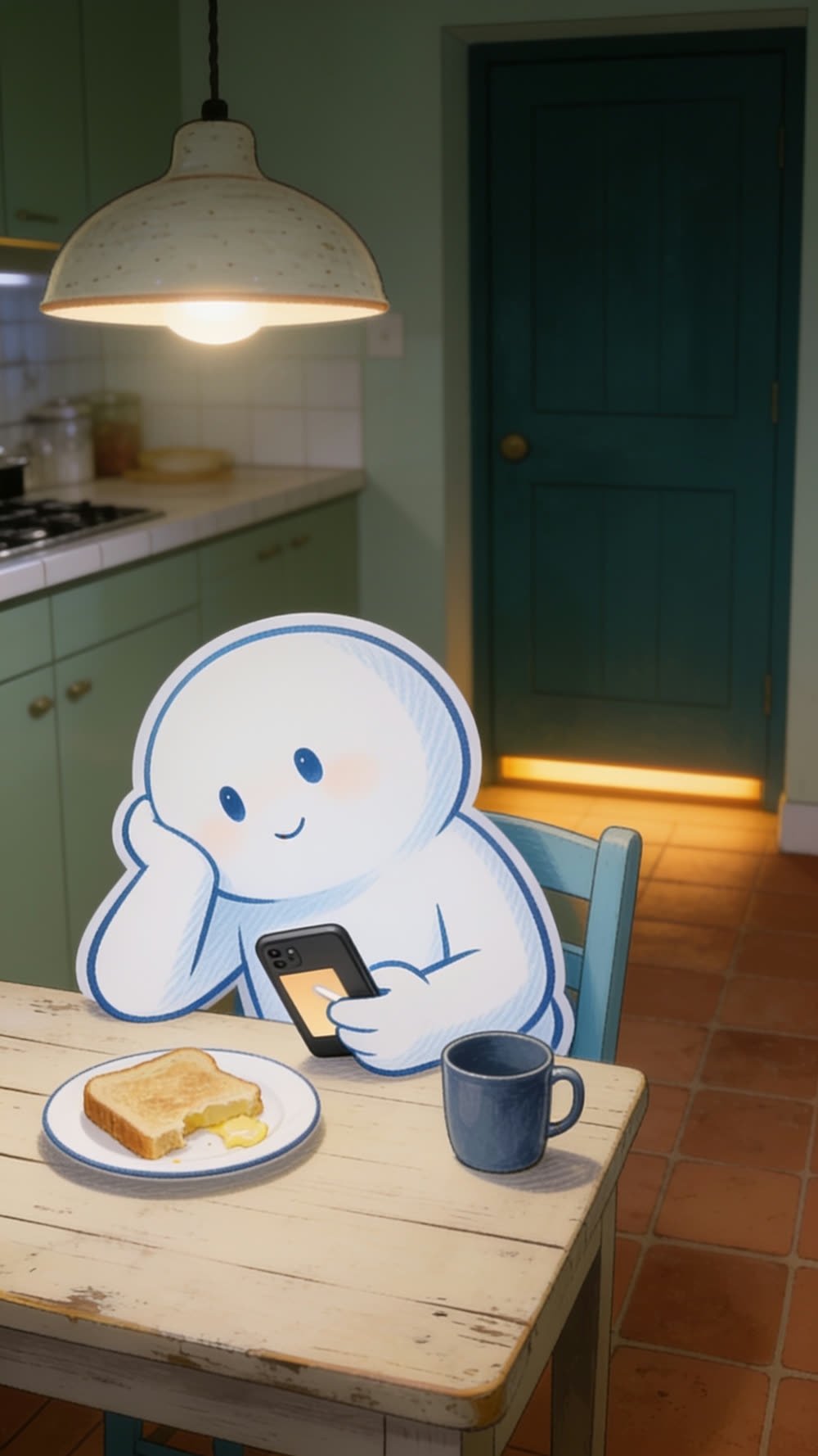 The mascot sits slumped at the table, chin resting in one hand, scrolling its phone with a flat, checked-out expression.