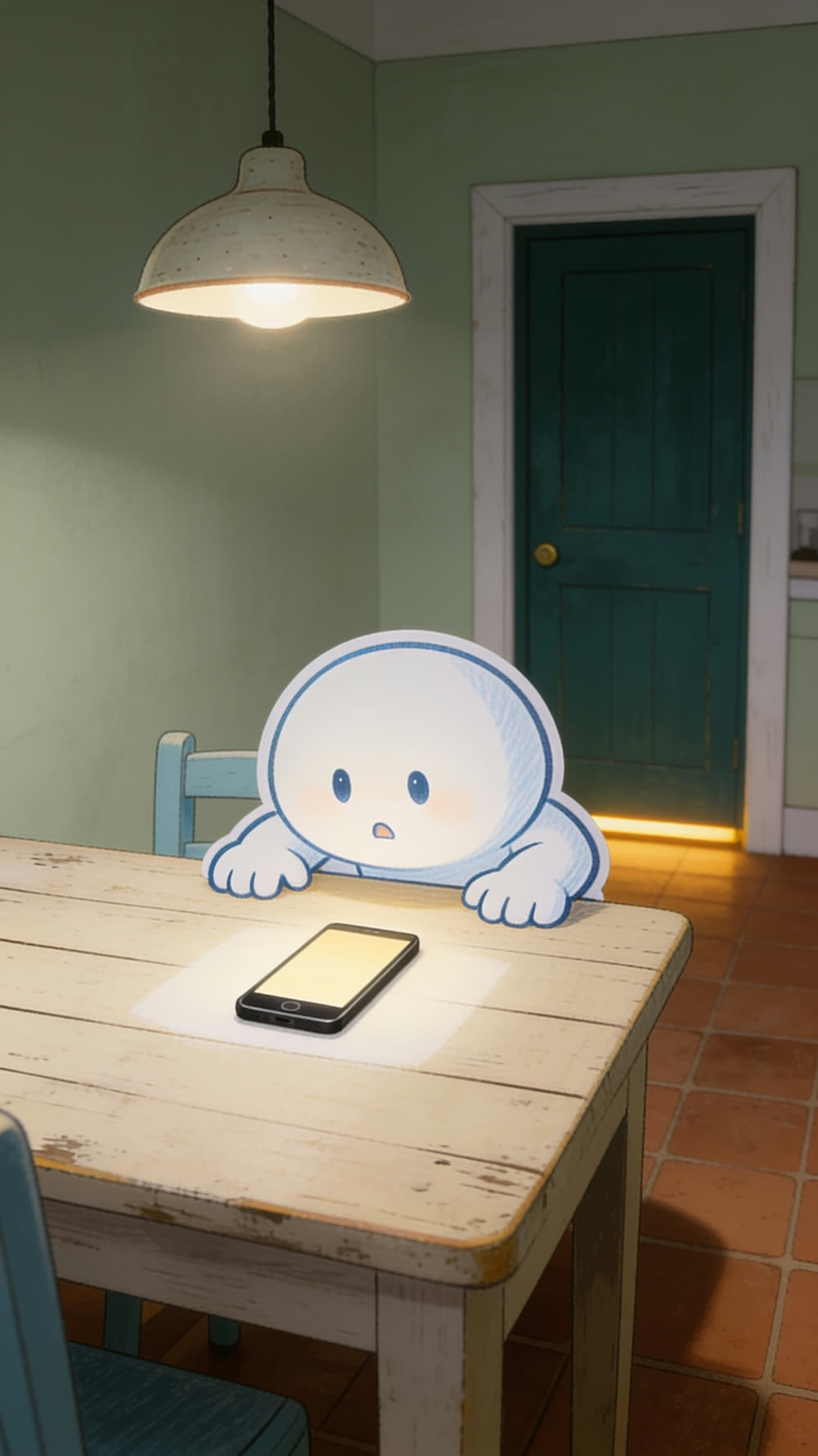 The mascot freezes with both hands braced on the kitchen table, staring wide-eyed at its phone as it glows brightly on the wood in front of it.