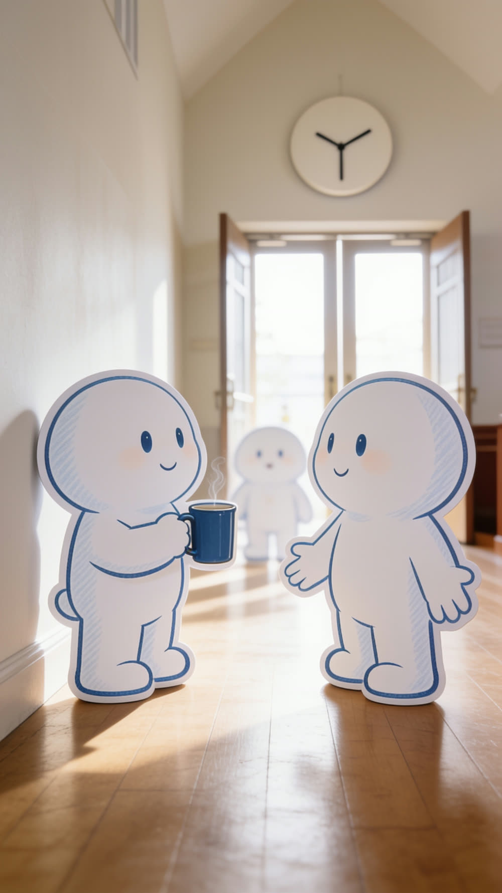 Two mascots greet each other in a church foyer: one holding a mug of tea mid-greeting, the other just arrived with both hands empty.