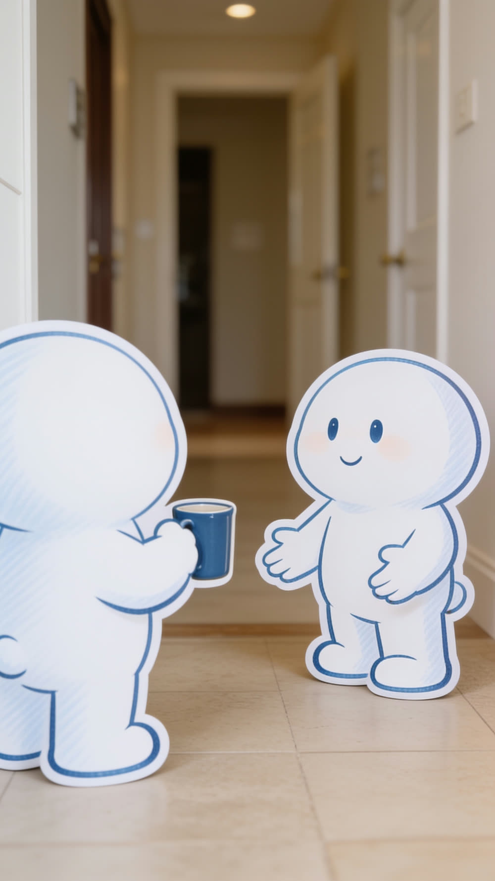 Close over-the-shoulder shot of a mascot mid-story, one hand gently gesturing, telling the truth about a hard week.