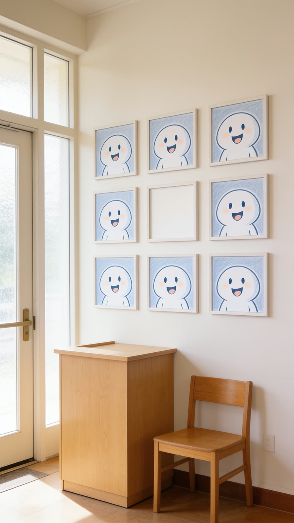 A wall of nine framed photos above a small welcome desk, eight of them holding a cheerful round mascot portrait and the center frame left completely blank.