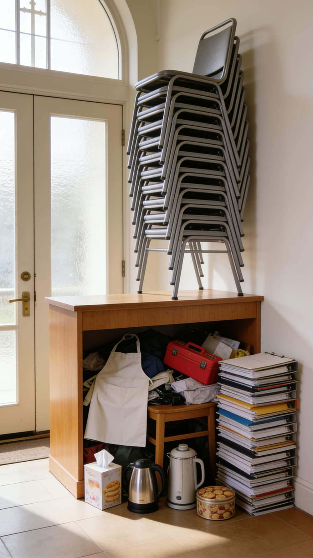 A precarious tower of stacked chairs balanced above a cluttered welcome cupboard stuffed with an apron, a red toolbox, folders, a kettle, a tea box, and a tin of biscuits.