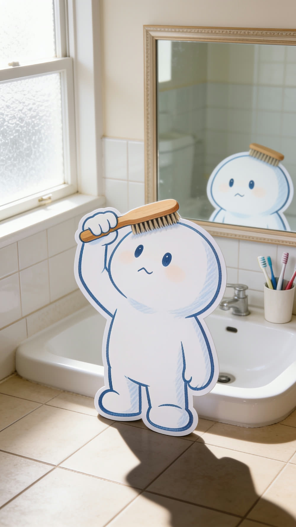 A Pundayschool mascot figure brushes its hair in front of a bathroom mirror, its reflection wearing a faintly unimpressed expression, toothbrushes and a bathtub visible in the tiled bathroom around it.