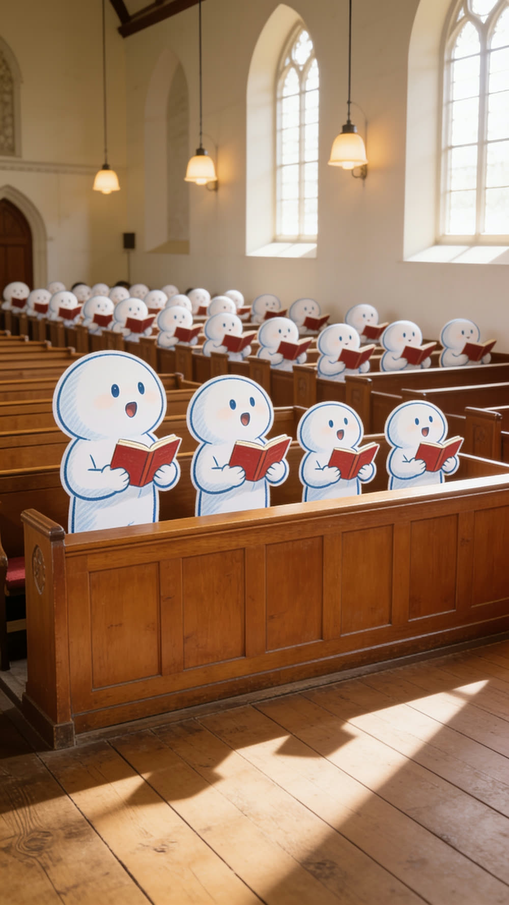 Rows of Pundayschool mascot figures stand together in wooden church pews, each holding an open red hymnal, singing with their mouths open wide.