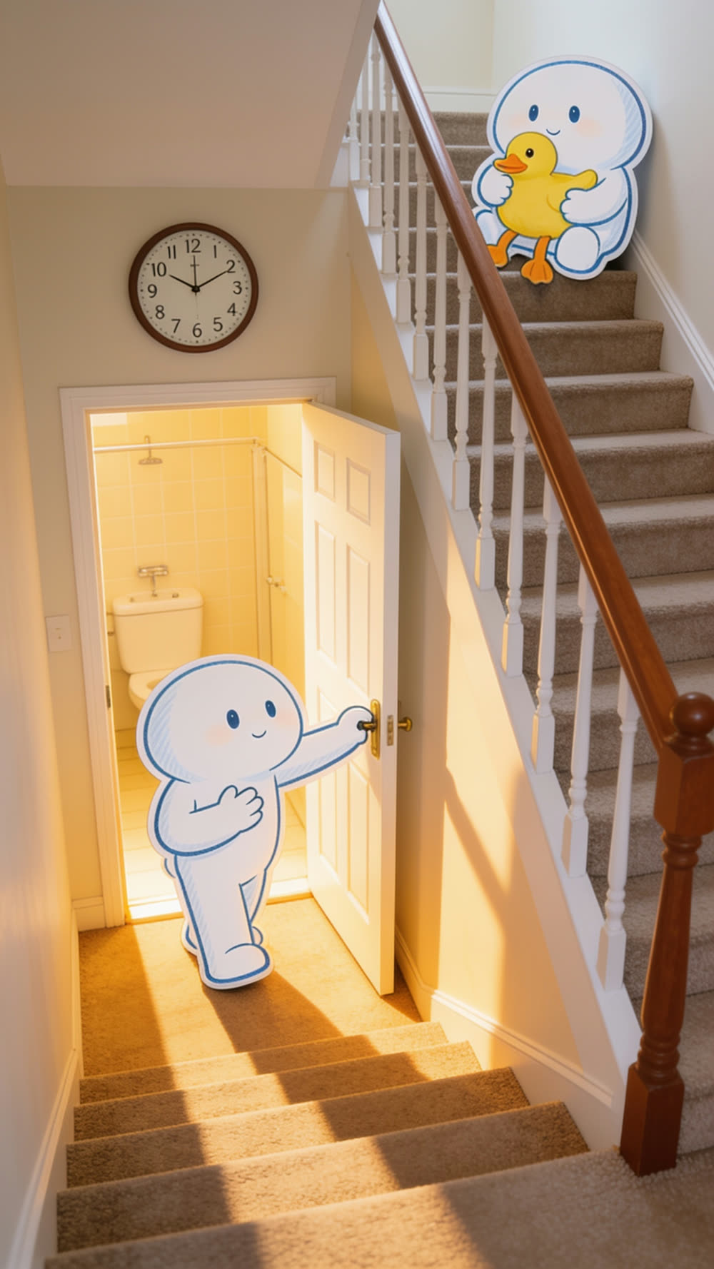 A Pundayschool mascot figure holds open a bathroom door and steps back to let someone else go first, while another figure sits contentedly on the stairs above holding a yellow rubber duck.
