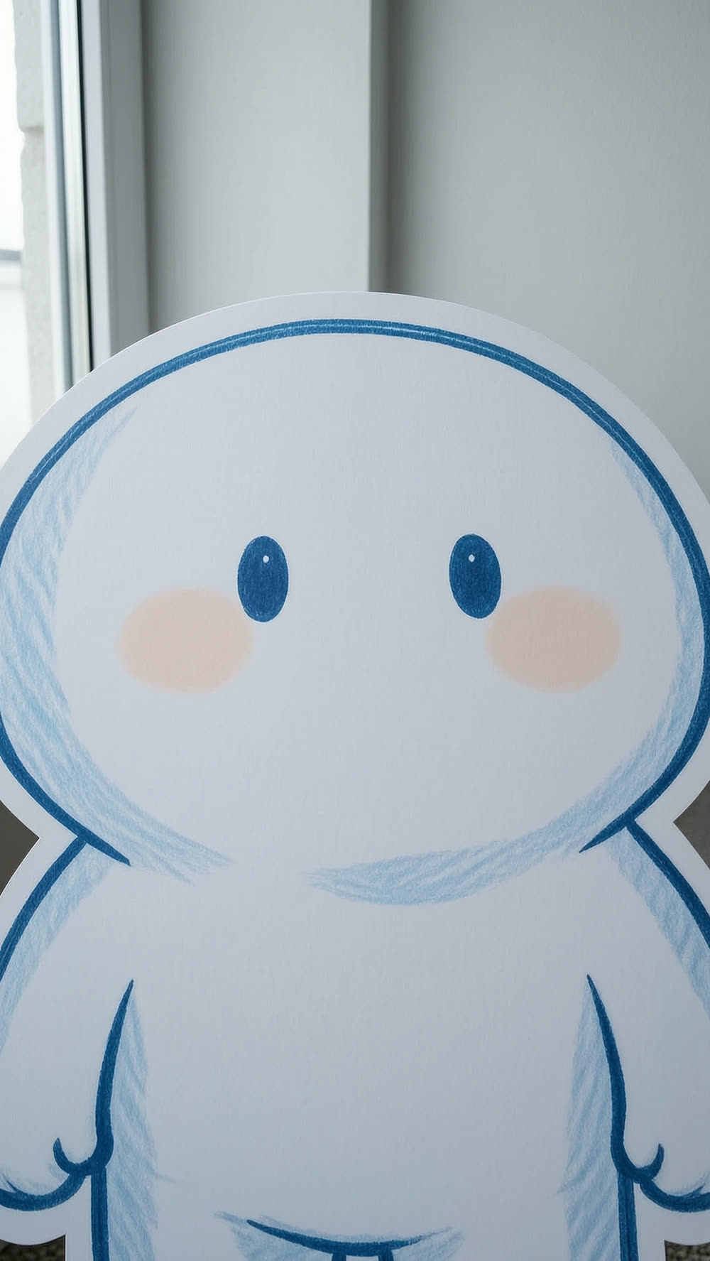 A close, quiet shot of the mascot's face and posture, alone now, with the phone and ring light both out of frame.