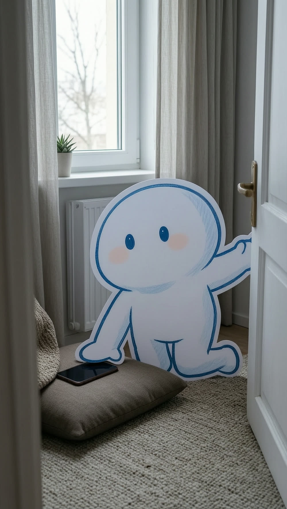 The mascot reaches toward the door handle, a phone already resting face-down on a floor cushion behind it, the room's door swinging most of the way closed.