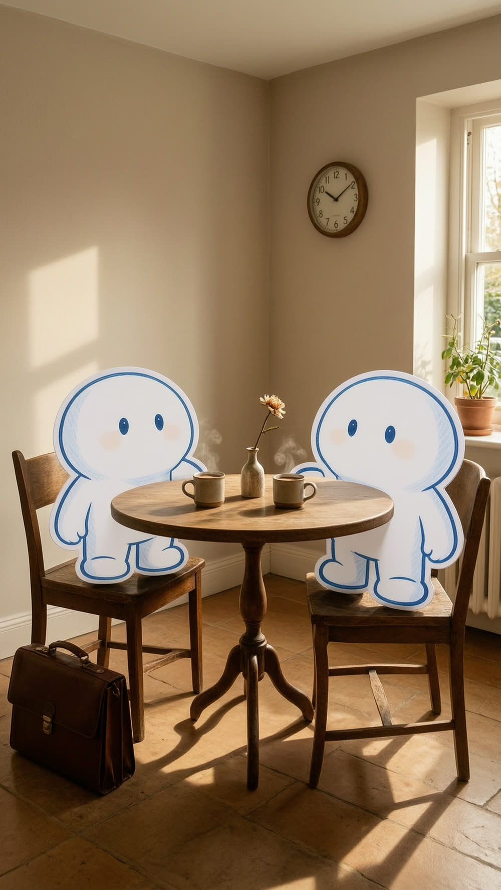 Two round white mascots sit at a small kitchen table. One kneels beside a closed briefcase on the floor, the other sits calmly across the table, two mugs and a small flower vase between them, warm morning light.