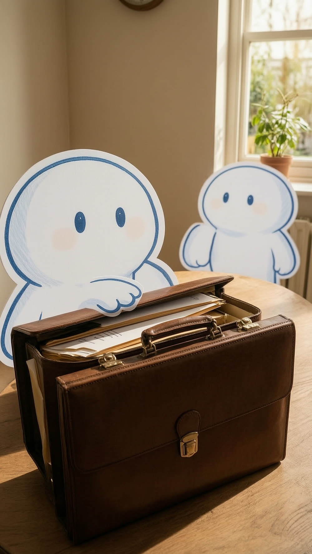 Close medium shot: a mascot's hand rests on the lid of a large open brown leather briefcase, non-legible paper folders visible inside, the other mascot small and soft-focused across the table behind it.