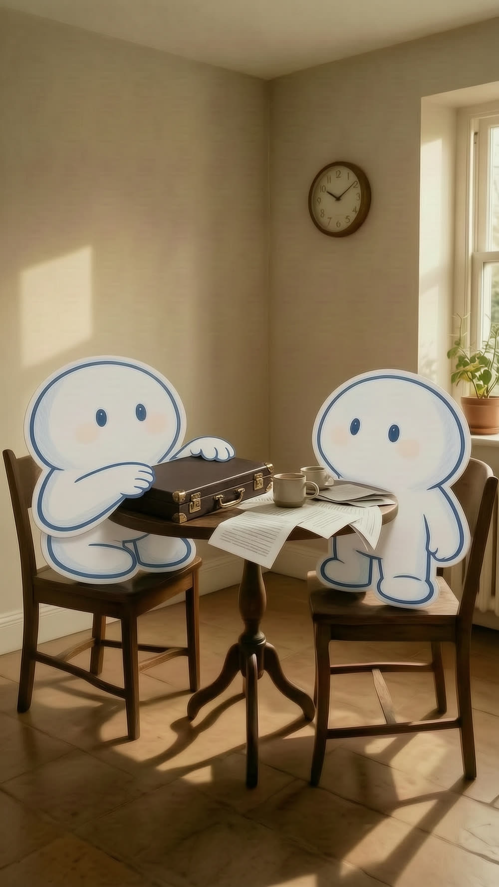 Medium shot: a mascot's hands close the lid of the brown leather briefcase, papers being pushed aside on the table, the other mascot watching calmly.