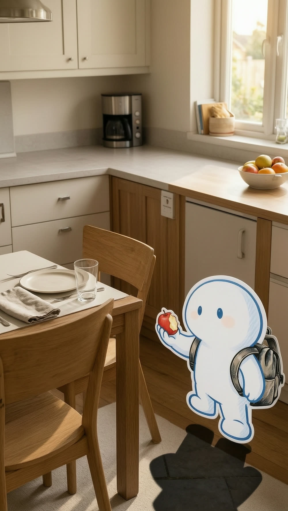 A warm kitchen dining nook, table already fully set with a plate, glass, and napkin, the chair pulled out and waiting. A round white mascot enters from the side, backpack on, mid-bite on an apple, walking past the table toward the counter.