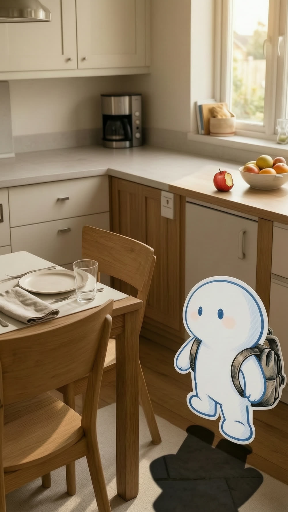 The mascot mid-motion: one backpack strap sliding off its shoulder, the apple set down on the counter, taking a step toward the waiting chair.