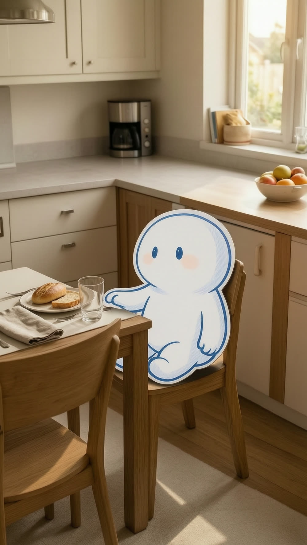 The mascot seated at last at the table, backpack gone, hands relaxed near its place setting, warm light falling across the prepared meal.