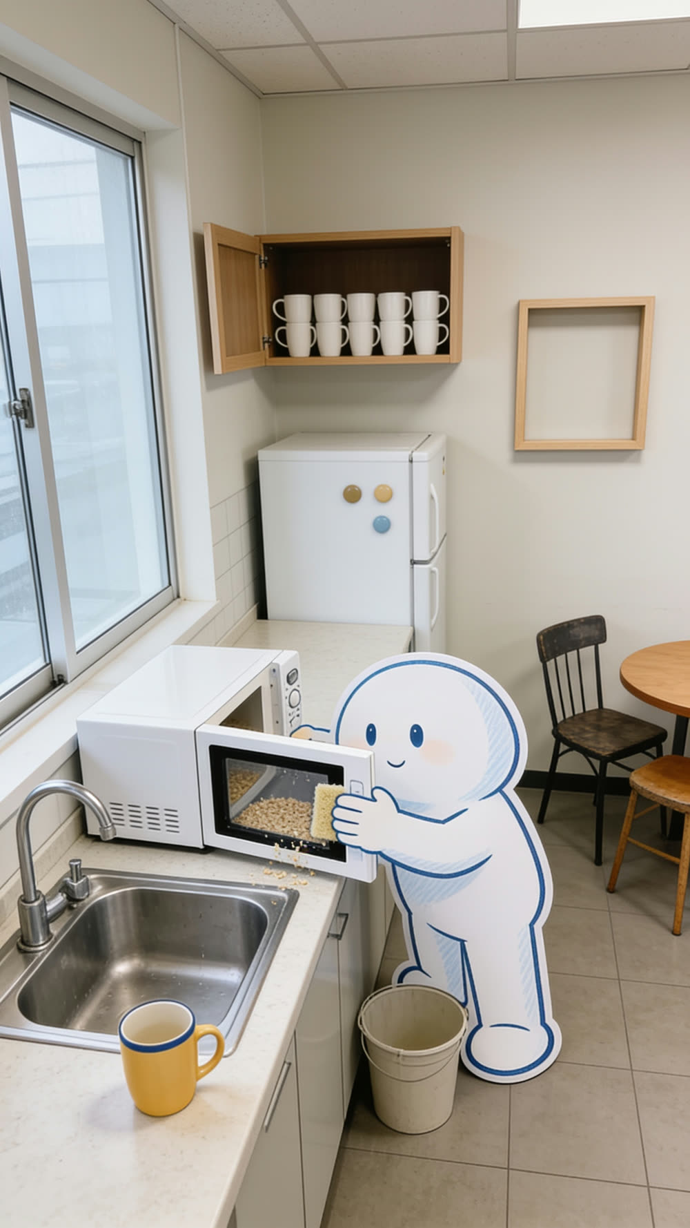 A flat cutout mascot leaning deep into an open microwave in a dim office breakroom before dawn, scrubbing the splattered interior with a sponge, a bucket on the floor beside it.