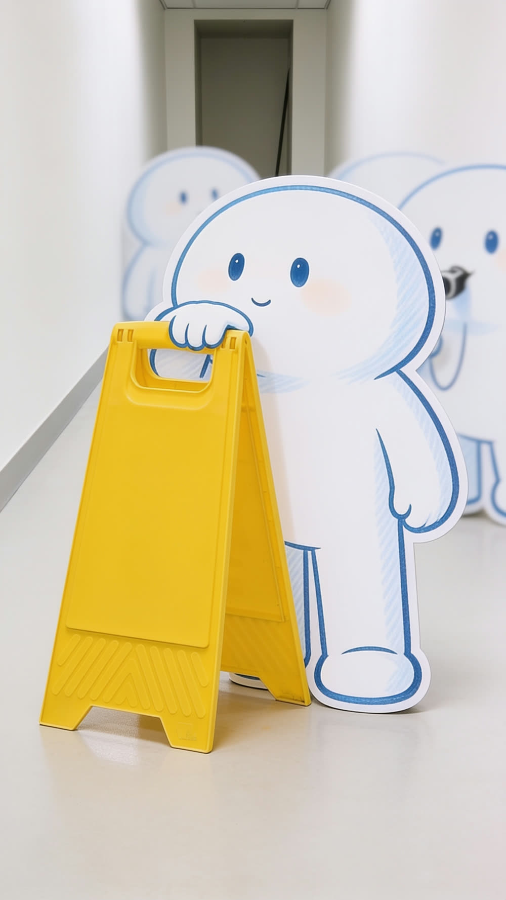 A flat cutout mascot standing beside a bright yellow wet floor sign in an office corridor, one hand resting on top of it like a hand resting on a lectern, chin lifted in peak modest pride.