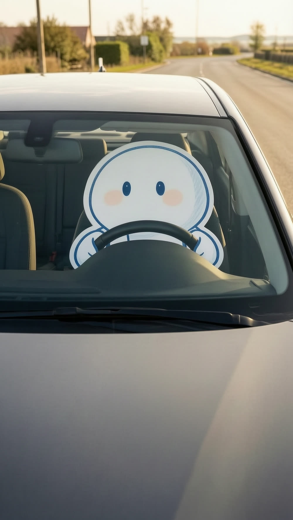 A round white mascot seen through a car windshield from the road outside, confidently gripping the steering wheel, driving along a country road.