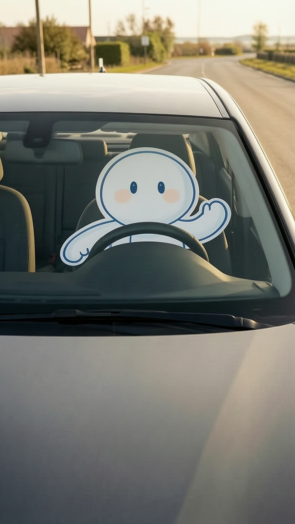The mascot seen through the windshield from outside again, shoulders lifted and open, confident posture restored, hand reaching to turn the volume back up.