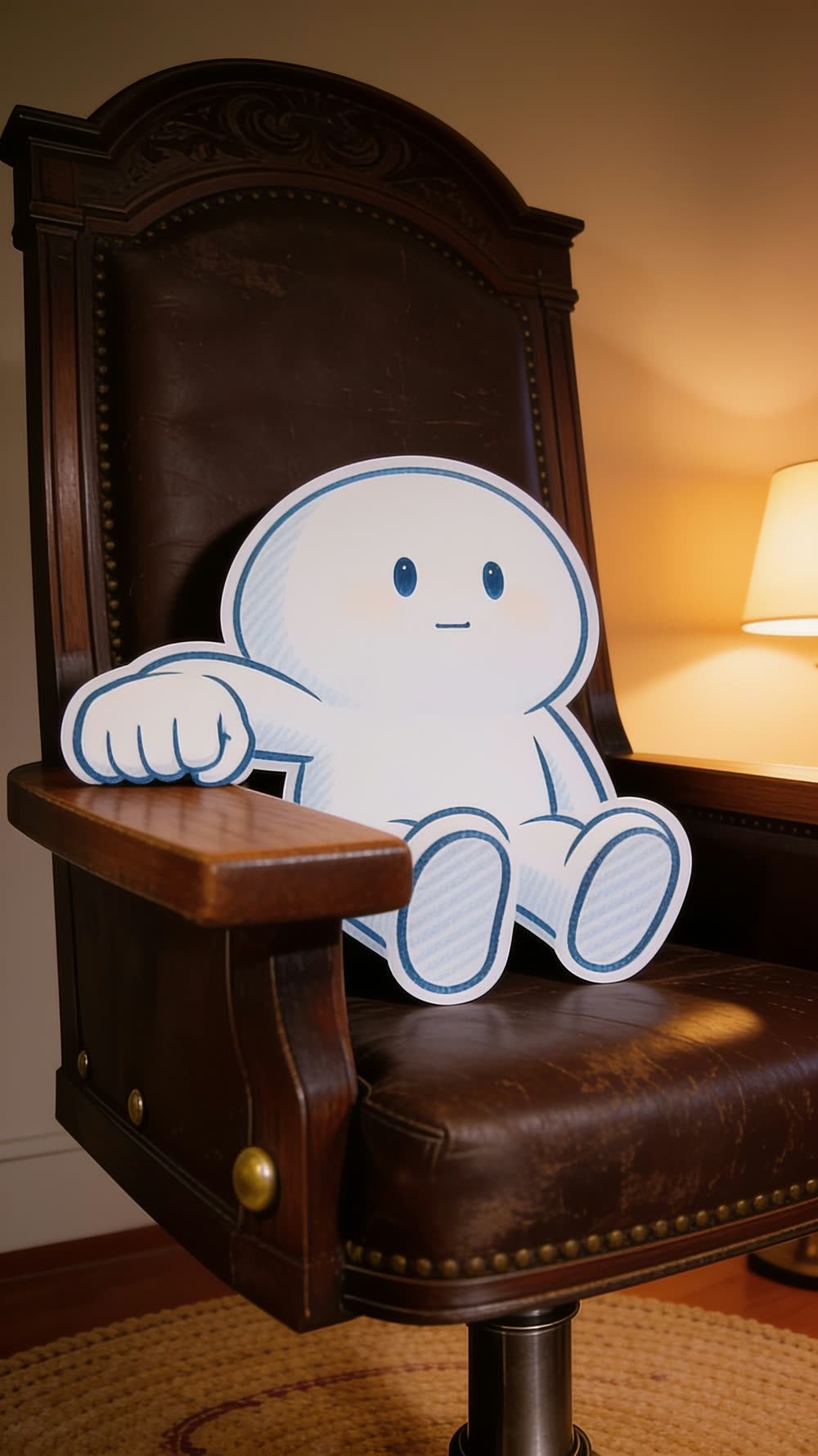 A flat cutout mascot in an enormous judge's chair, one fist coming down hard on the wide wooden armrest, delivering a verdict to an empty room.