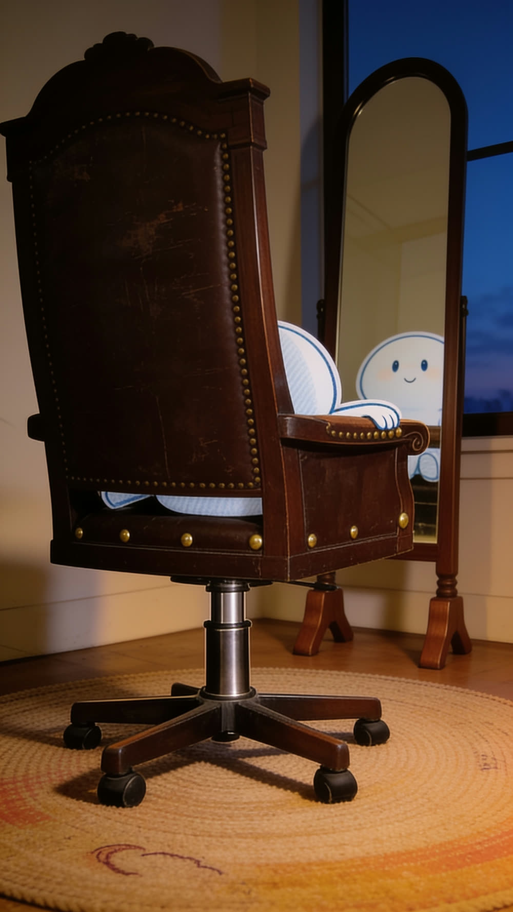 A flat cutout mascot seated deep in an enormous judge's chair, its tall carved back now turned to face a standing mirror, the mascot's own small reflection meeting its eyes in the glass.