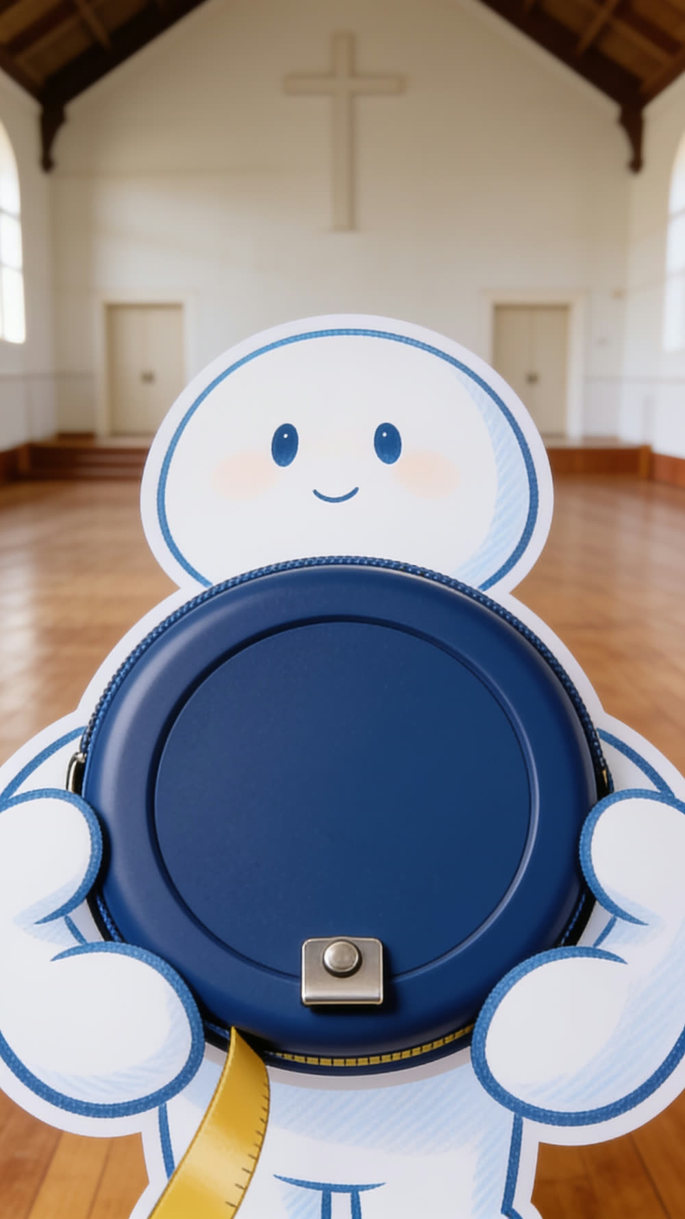 A flat cutout mascot holding up a plain deep blue tape measure case at chest height, fondly, like a treasured phone, inside a church hall with a plain cross on the far wall.
