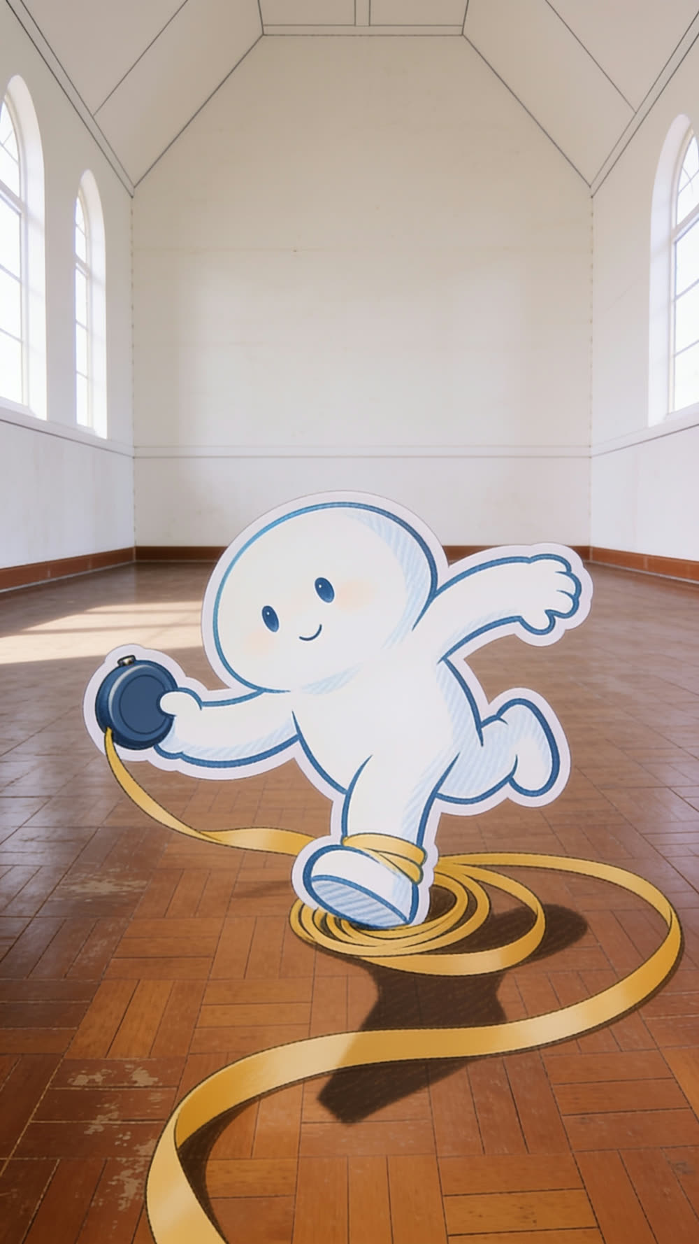 A flat cutout mascot caught mid-stumble in a church hall, both arms windmilling in big circles, one foot snagged in a loop of plain yellow tape measure ribbon, both eyes wide to camera.
