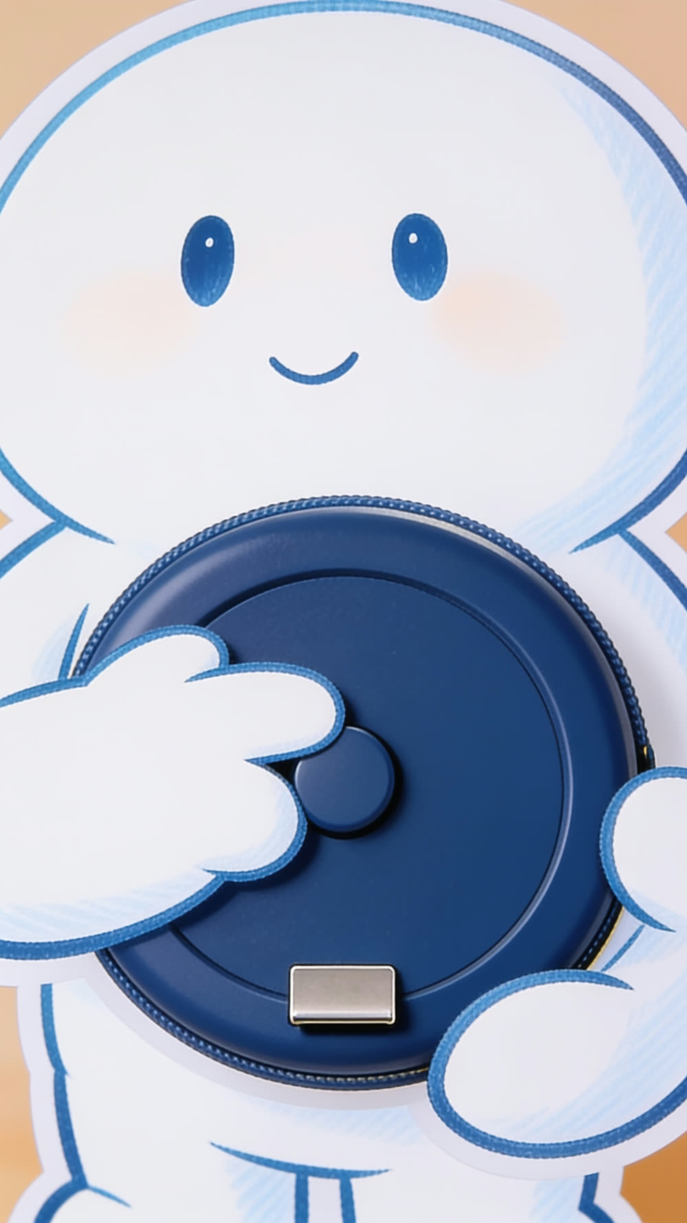 Close view of a flat cutout mascot's hand, thumb pressed on the plain button of a closed deep blue tape measure case, the last of the yellow ribbon streaming home.