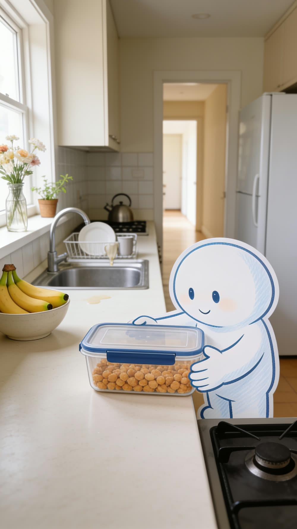 A flat cutout mascot gently setting a clear plastic food container with a deep blue lid onto a kitchen counter in warm evening light, fresh flowers and yellow bananas nearby.