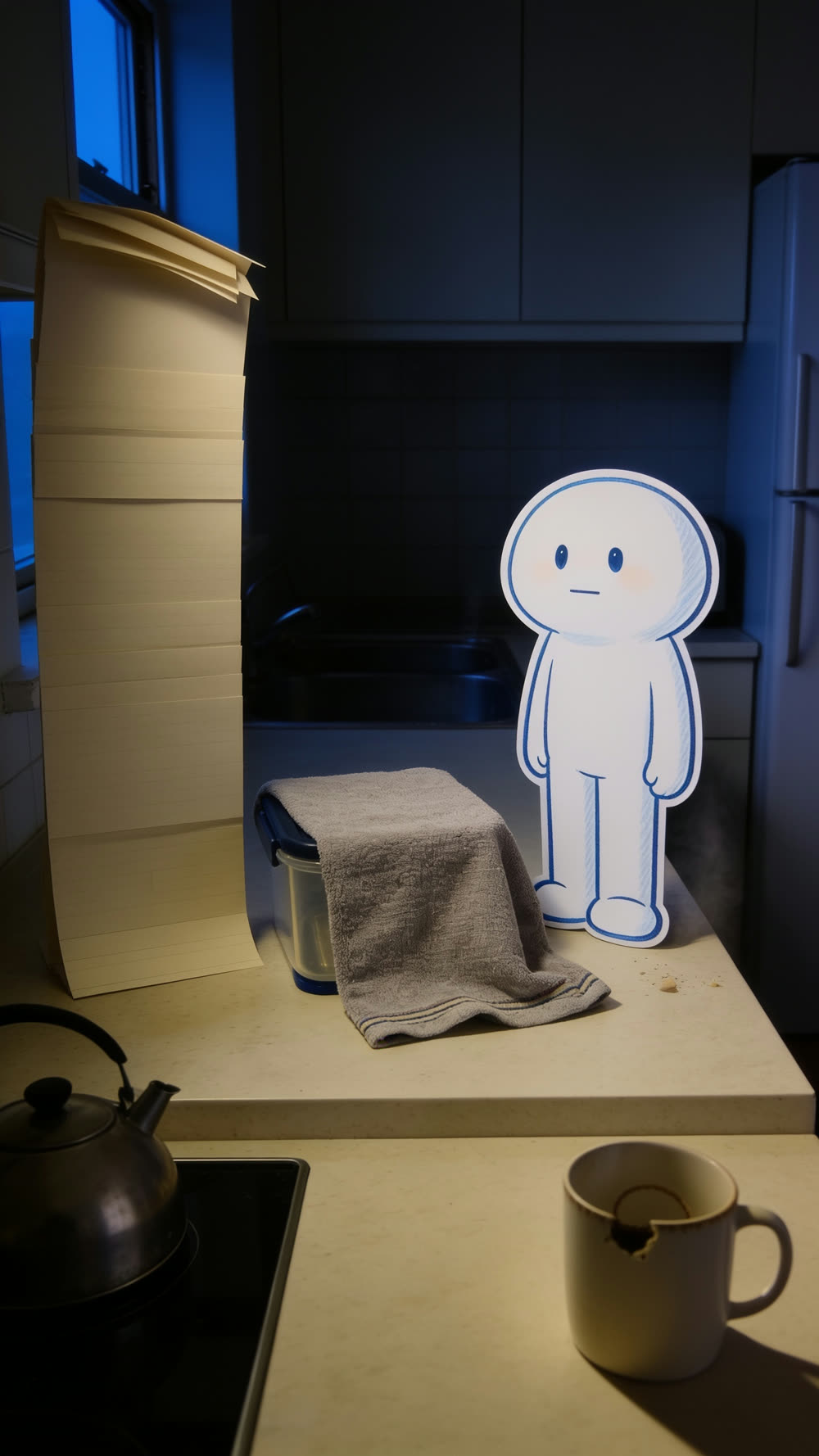 A flat cutout mascot standing rigidly beside a food container fully covered by a dish towel on a kitchen counter, posed together like a hostage photograph in dim evening light, a stack of envelopes and a chipped mug nearby.