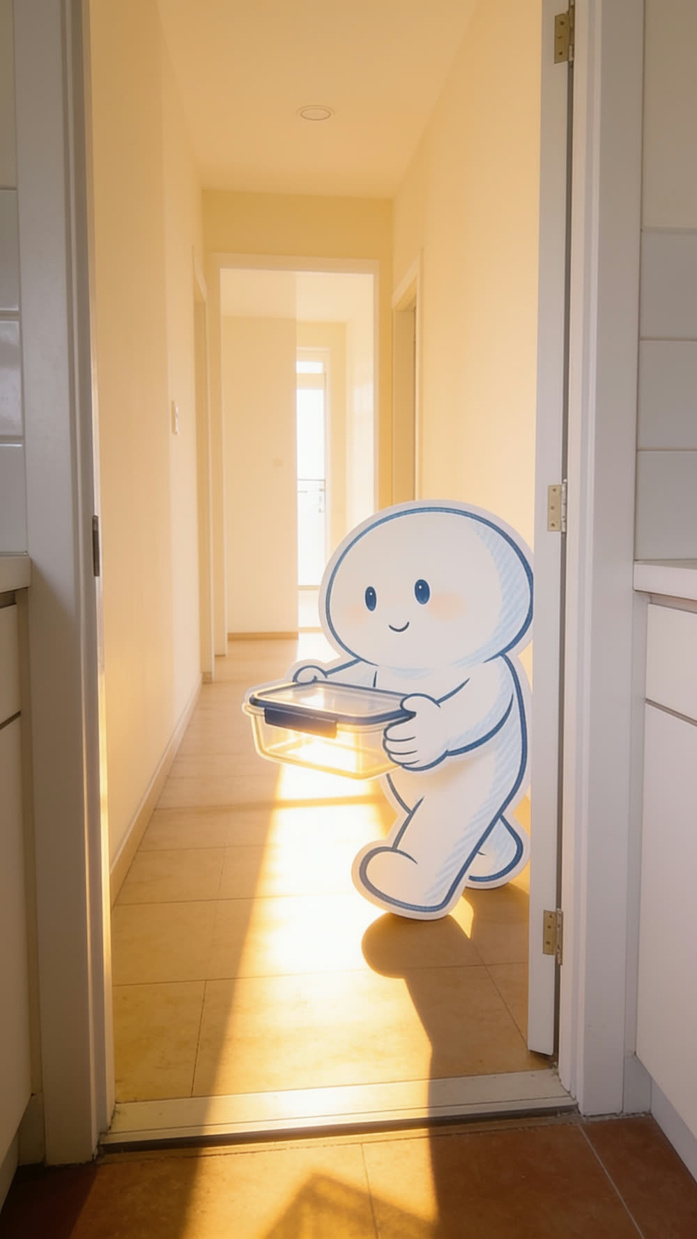 A flat cutout mascot carrying an empty, clean food container with a deep blue lid toward a bright doorway, warm morning light flooding the hallway.