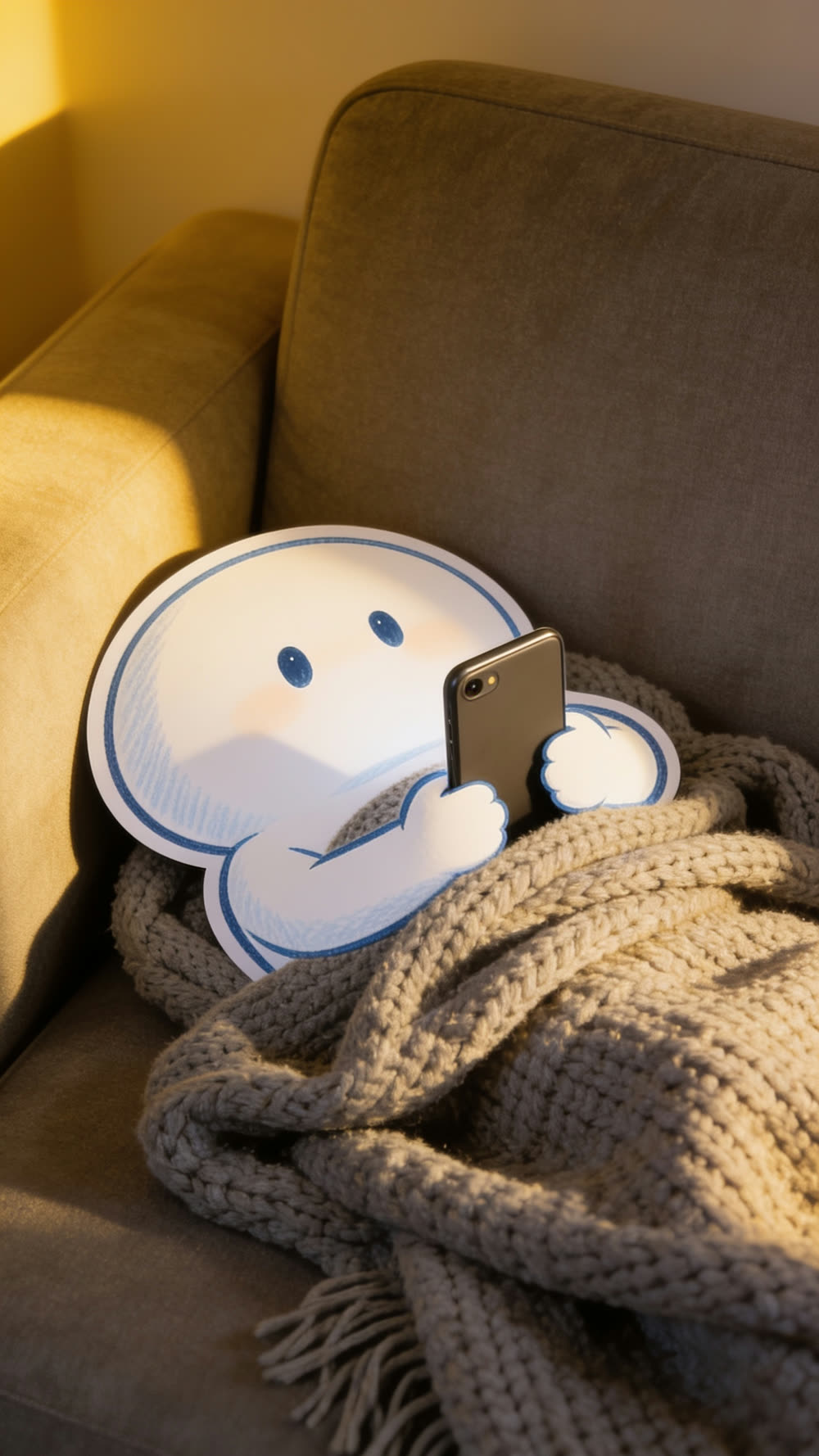 Close medium shot of the mascot tangled in a blanket on the sofa in warm gold light, holding a phone with its blank charcoal back to camera, a small sheepish mouth line on its face.