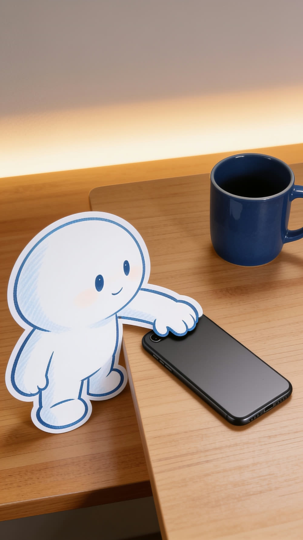 Close high-angle view of a flat cutout hand laying a phone face down on a low wooden table beside a cold mug, a warm band of low light arriving across the wall behind.