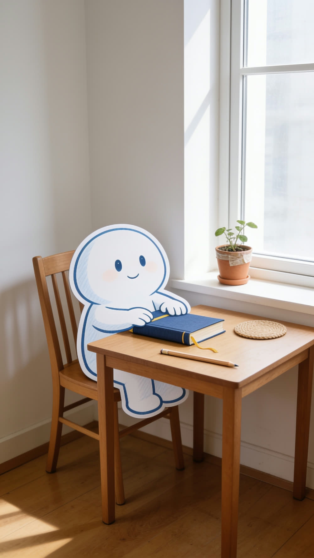 A flat cutout mascot sitting quietly at a small wooden table by a bright window, hands resting on a closed blue devotional book, a pencil and an empty woven coaster beside it.