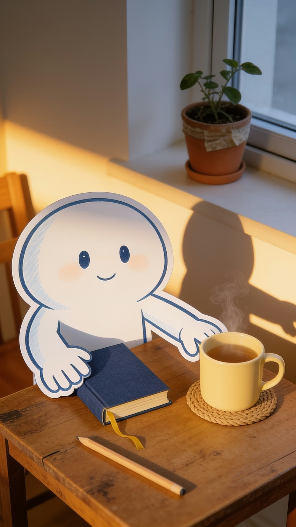 Close overhead view of a flat cutout mascot's hands closing a blue devotional book on its yellow ribbon while lowering a steaming yellow mug onto a small woven coaster.