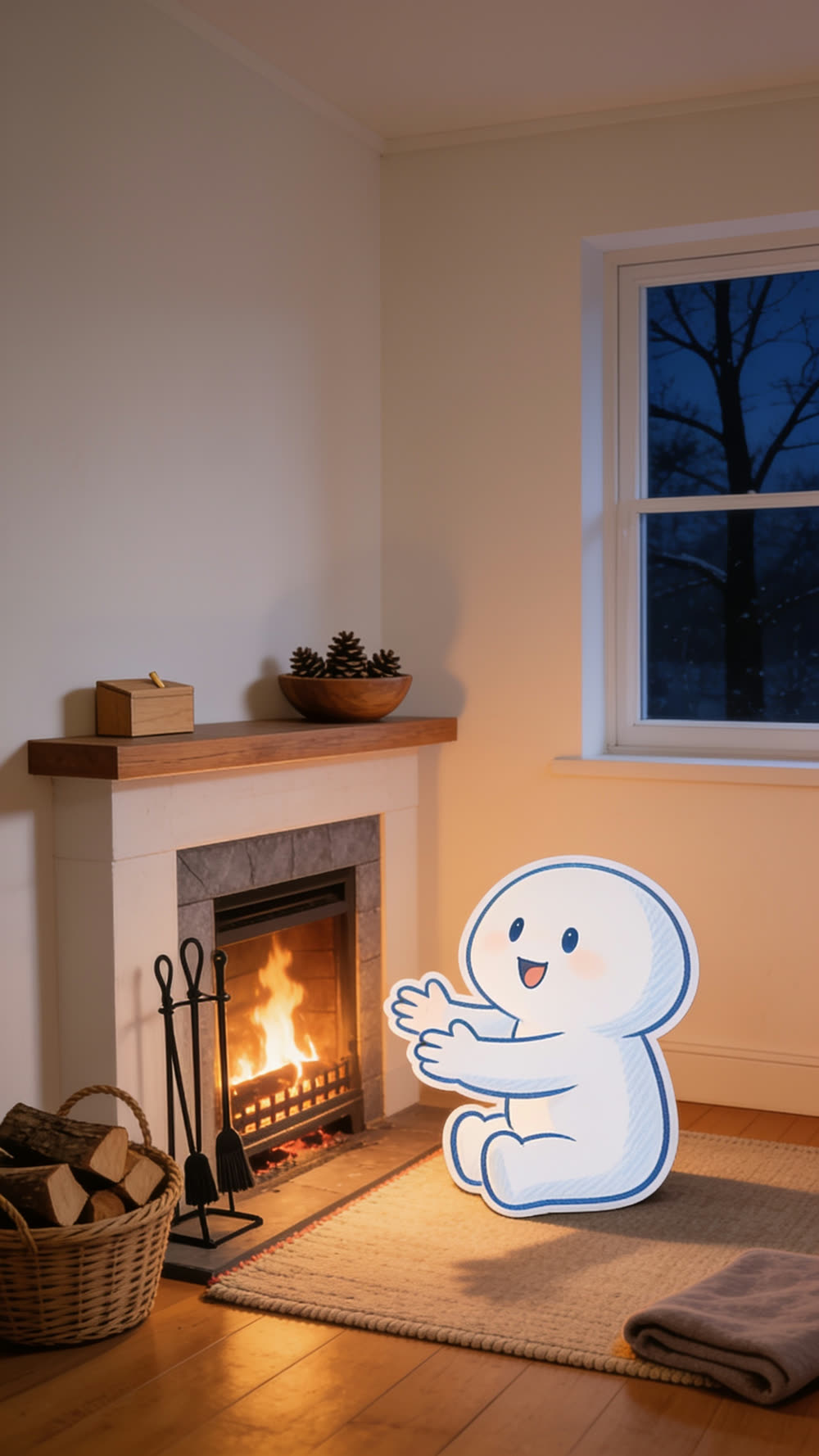 A flat cutout mascot sitting close on a hearth rug in front of a small, gentle fire, hands held out to the warmth, a dark winter evening through the window beside the mantel.