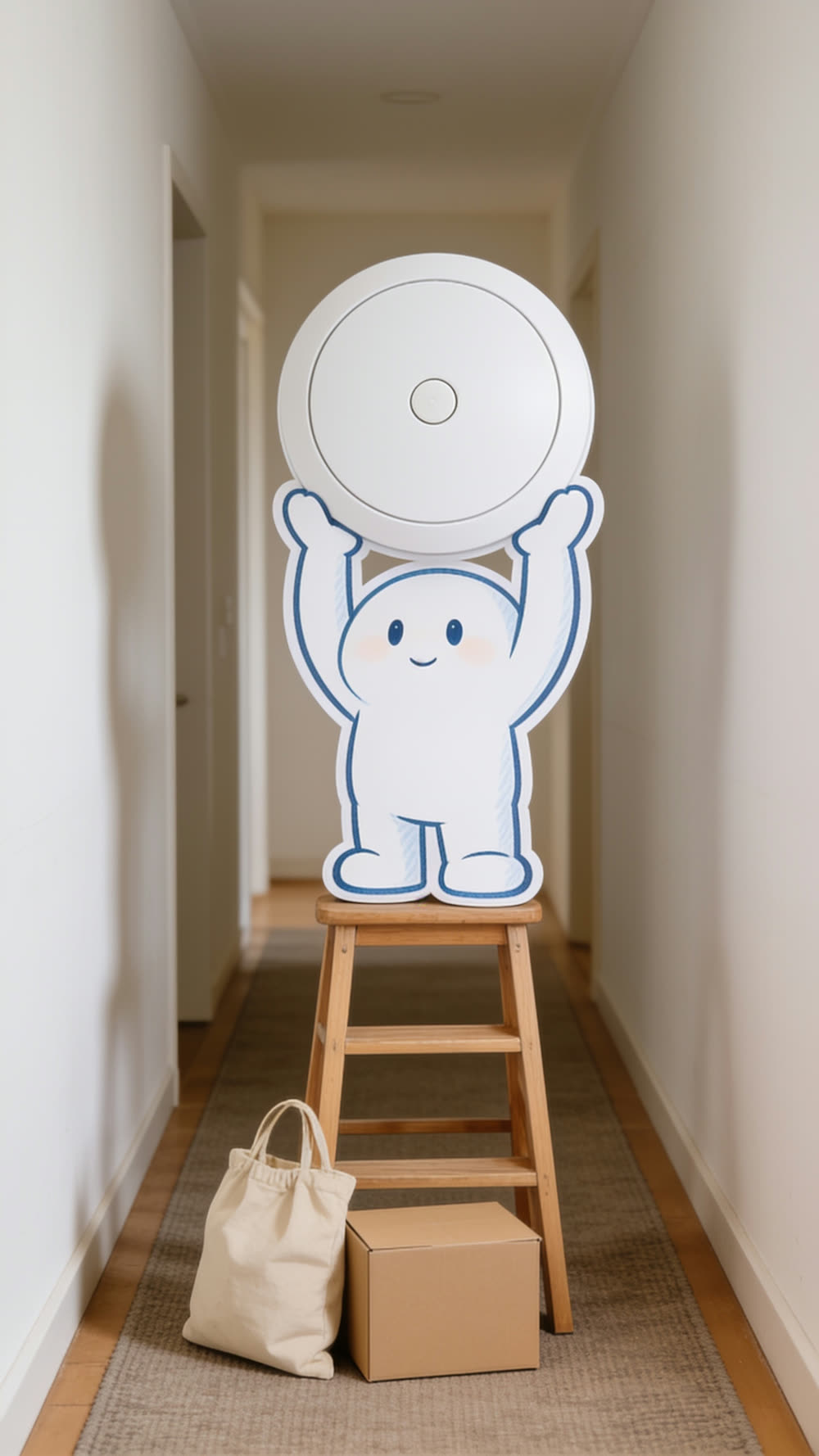 A flat cutout mascot standing on a small stepladder in a hallway, holding a plain white round smoke alarm disc up in both hands, a canvas bag and cardboard box set down at the ladder's foot.