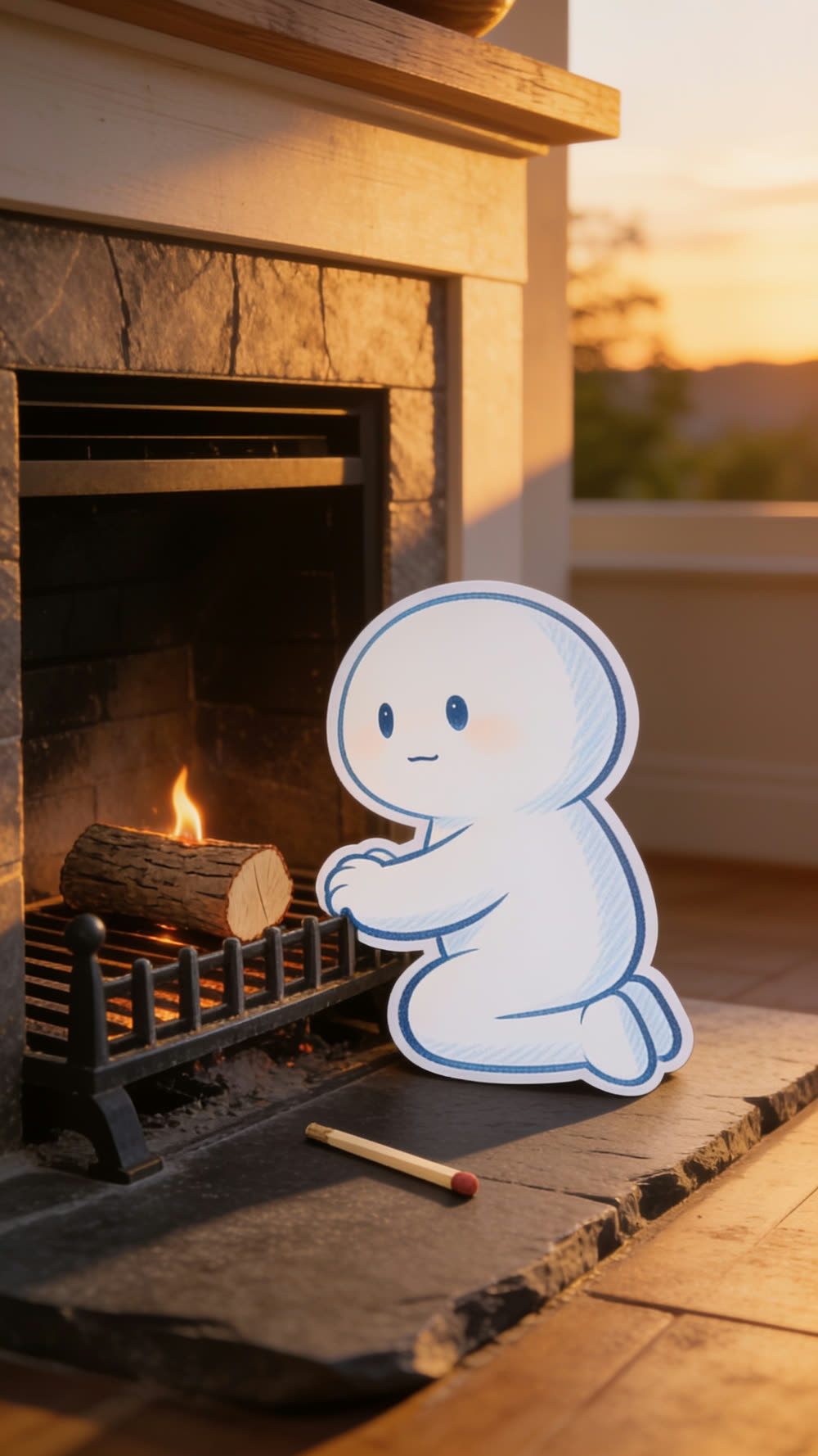 A flat cutout mascot kneeling at a fireplace in warm golden evening light, one hand near a single log with a small young flame just catching along its edge, a spent match resting on the hearth.