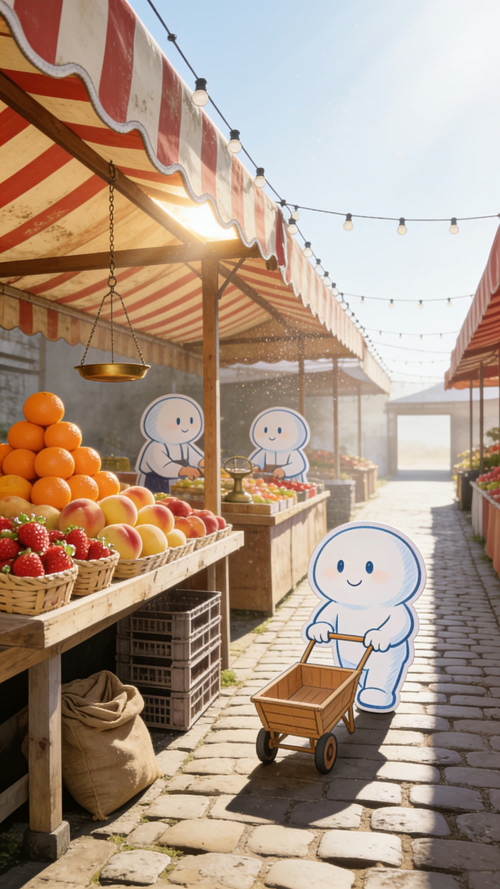 Pundayschool's round mascot pushes an empty wooden handcart down a cobbled market lane, past two stallholder mascots tending stalls piled with oranges, peaches, and strawberries under striped awnings strung with fairy lights.