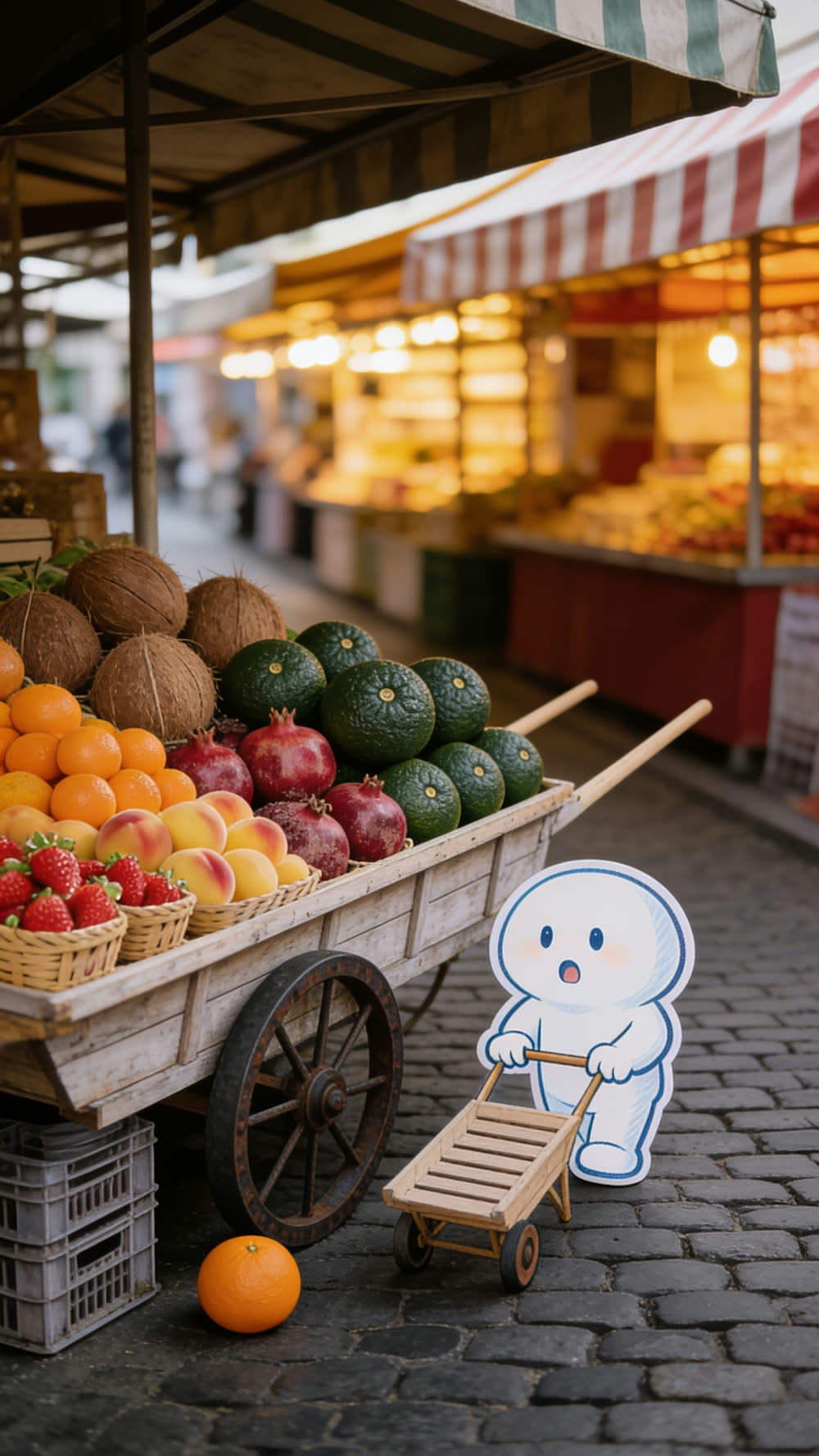 The mascot's cart, already loaded with oranges, peaches, and strawberries, has stopped short in front of a stall of hard green unripe fruit, its mouth open in exaggerated alarm, as though it has just remembered something urgent.