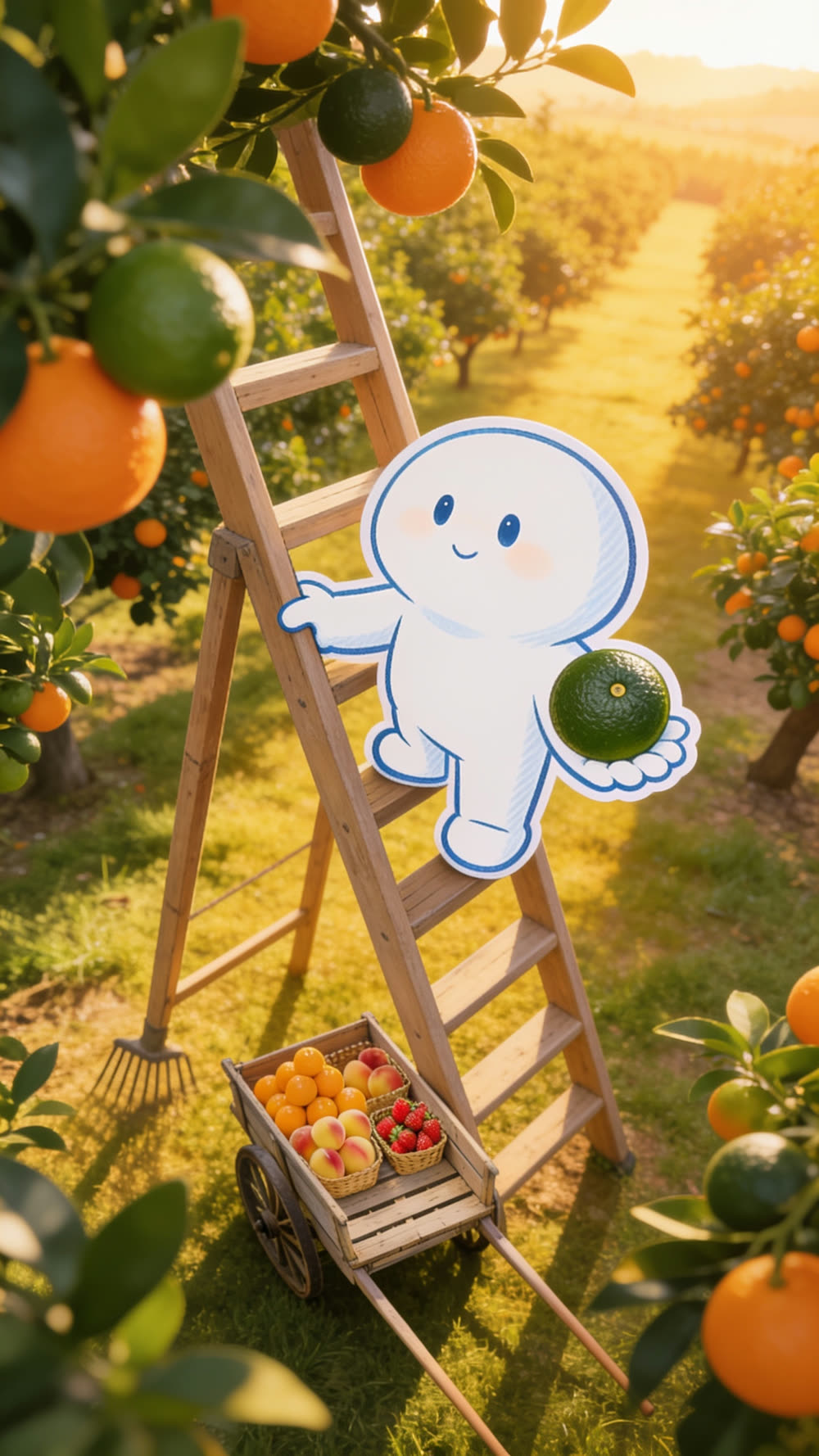 Halfway up a wooden orchard ladder, the mascot reaches out holding one large, hard, unripe green orange, the same loaded handcart of ripe fruit waiting on the grass below.