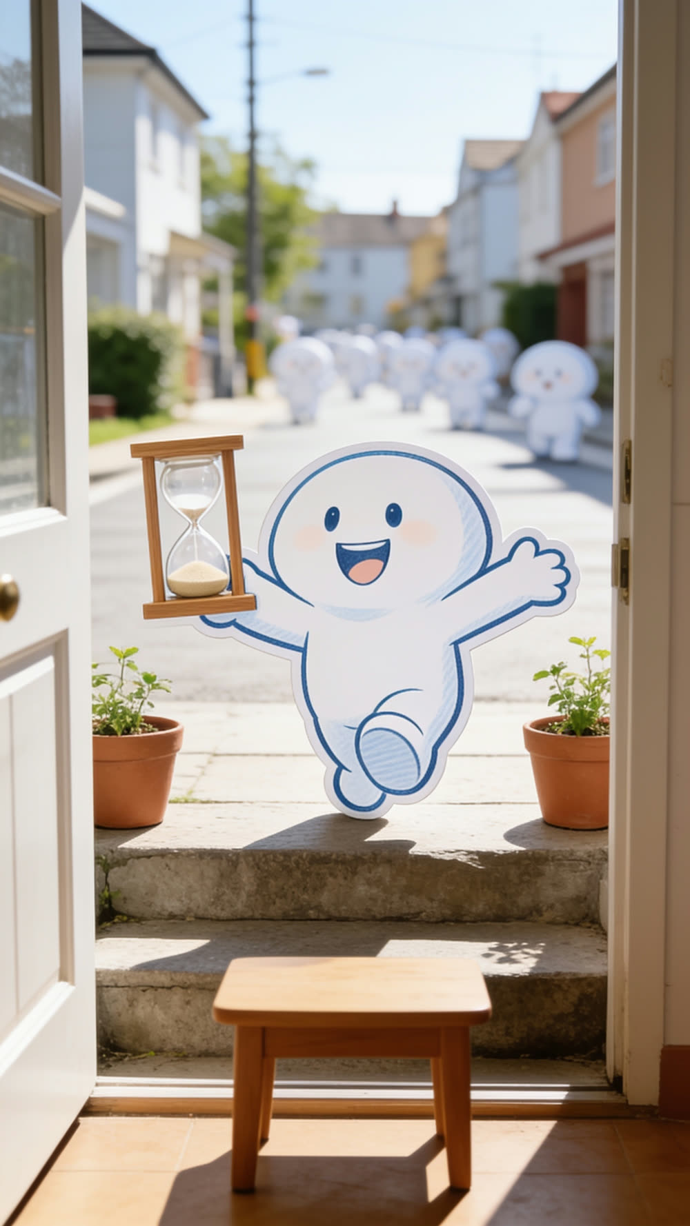 The mascot bursts out the front door onto the step, arms flung wide, holding a small sand timer aloft, announcing this week's decision to be generous.