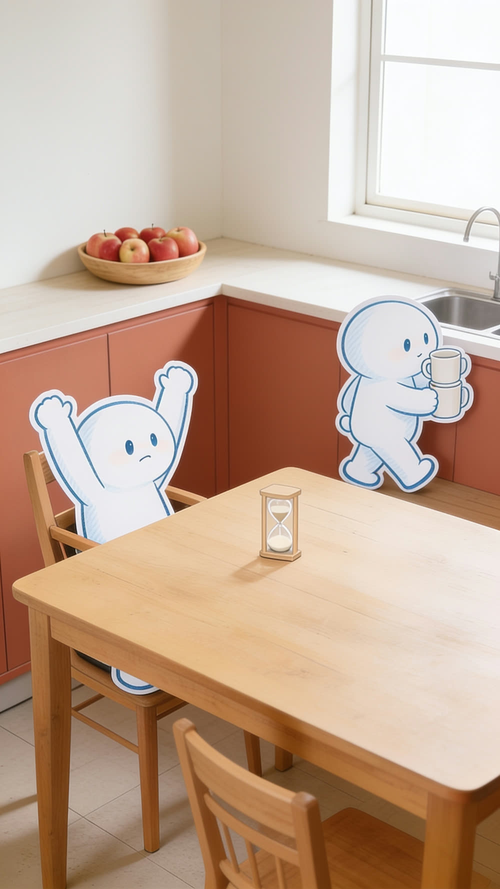 The mascot already on its feet with both mugs stacked, turning toward the sink, chair shoved off square, while the friend across the table is still mid-sentence with both hands raised.