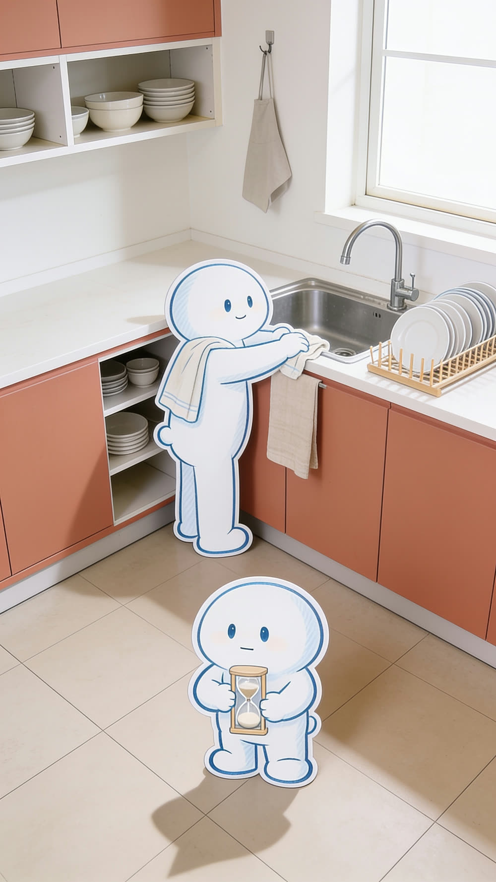 Wide kitchen shot: the visiting mascot dries the last bowl with the rack full and the counters clean, while our mascot stands center-room holding a spent sand timer with nothing left to time.