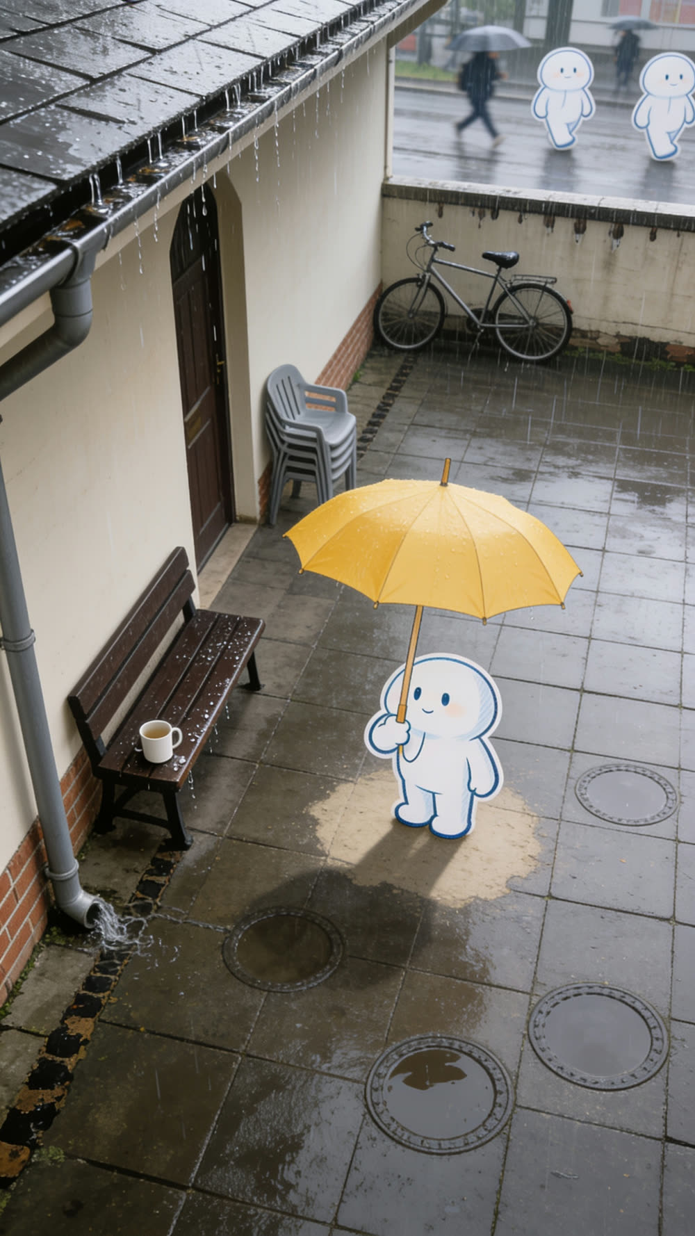 A round white cutout mascot stands on wet paving in a small church courtyard in steady gray rain, holding a huge plain warm yellow umbrella overhead, its edge well above head height, with a large clean-edged dry patch of paving underneath it, easily wide enough for three or four people.