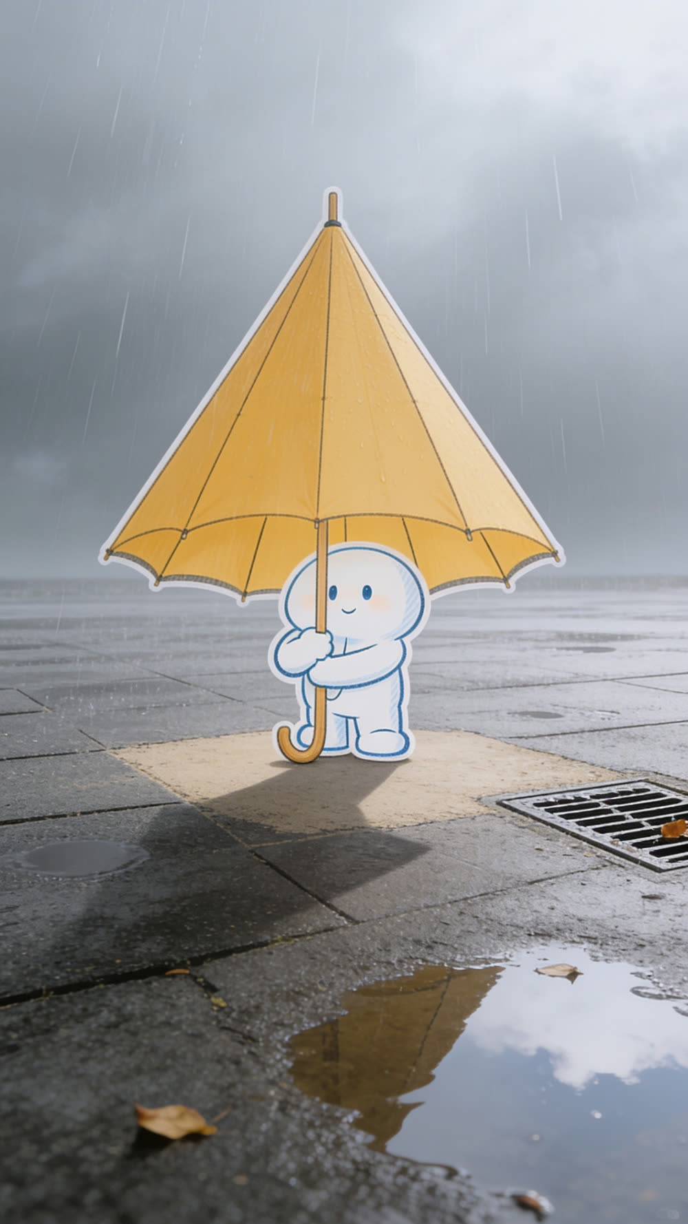 The mascot hugs the pole of the huge umbrella against its chest with both arms, dragging the enormous canopy down into a steep cone around itself alone, the dry patch on the ground now barely wider than its own feet, gray rain filling the rest of the frame.